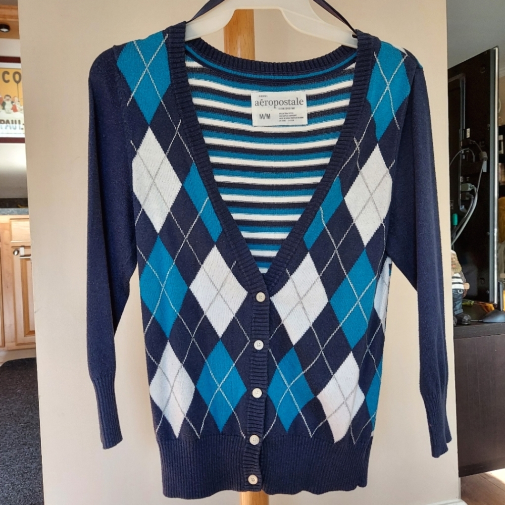 Blue argyle cardigan